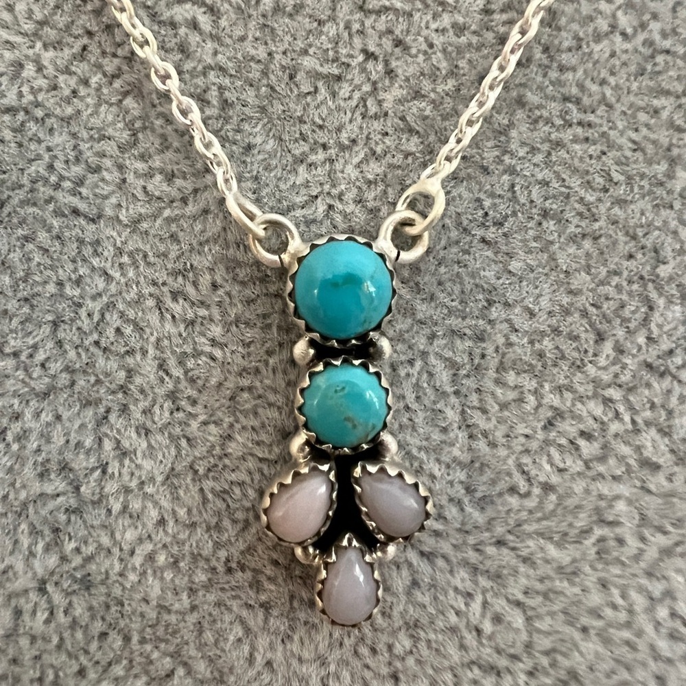 ❤️ Bluebird Turquoise & Pink Opal 925 Southwestern Navajo Necklace 18+2”L 11.4Gm - Picture 3 of 12